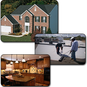 Image collage of a mid-class home, commercial roofers installing new TPO, and a modern kitchen